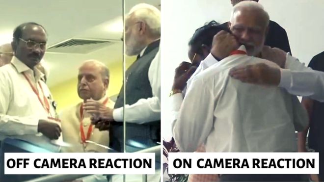 Did Modi see the camera and hug the head of the ISRO
