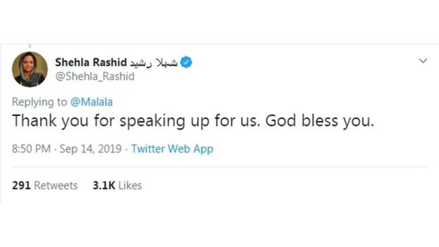 Malala's tweets on Kashmir 7 TWITTER/@SHEHLA_RASHID