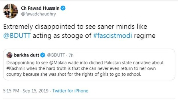 Malala's tweets on Kashmir 8 TWITTER/@FAWADCHAUDHRY
